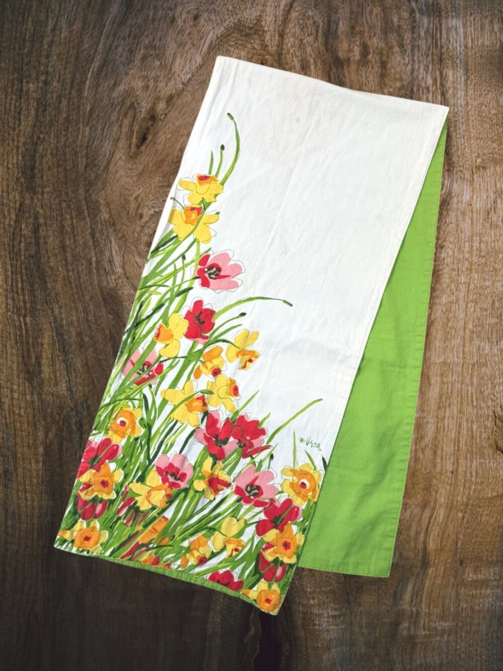 Vera Neumann Floral Table Runner Spring Garden Flowers Reversible Green Vintage